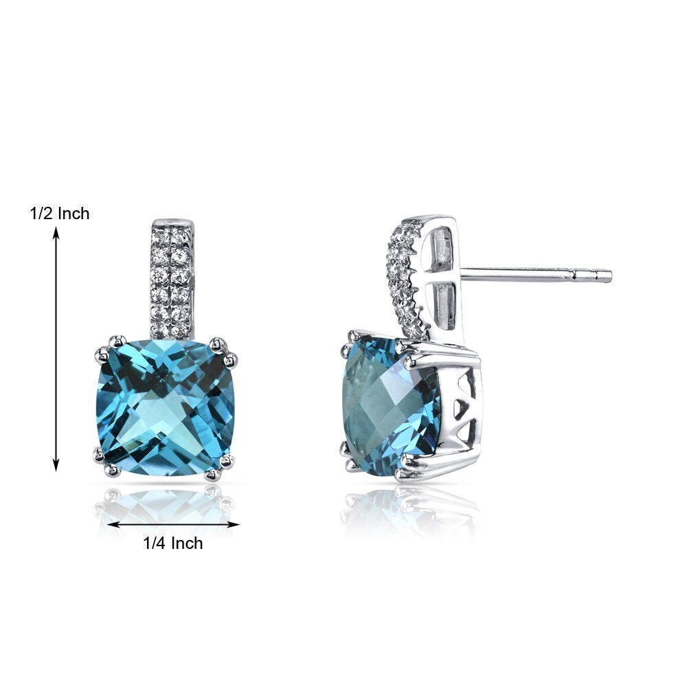 Cushion Cut Swiss Blue Topaz Earrings 14K White Gold