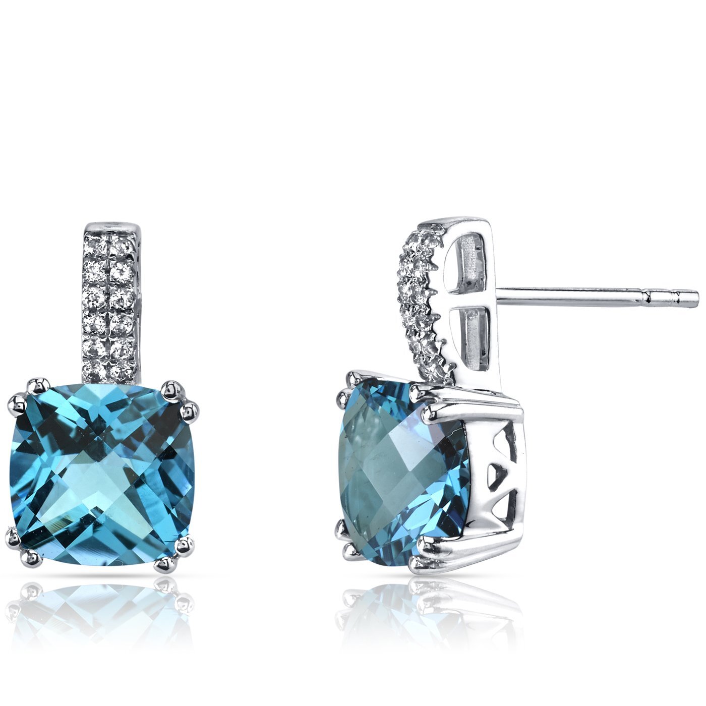 Cushion Cut Swiss Blue Topaz Earrings 14K White Gold